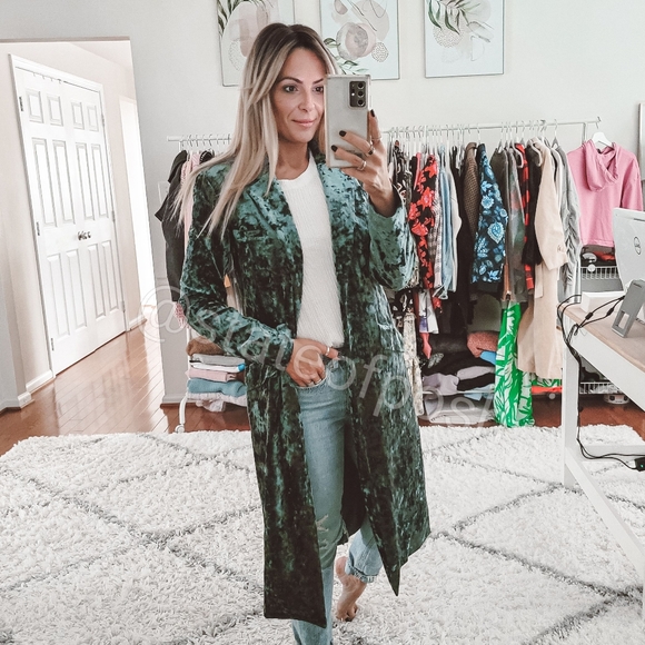 Leith Jackets & Blazers - Leith dark green crushed velvet long open blazer coat